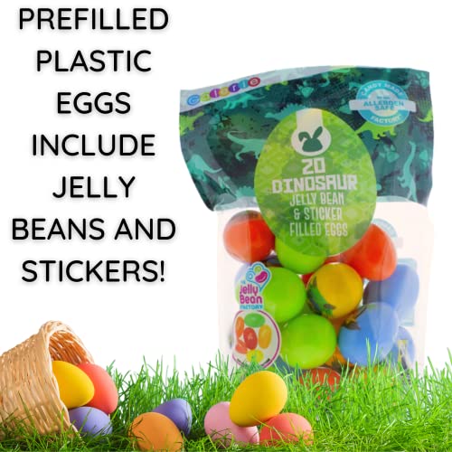 Prefilled Plastic Dinosaur Easter Eggs with Jelly Beans and Stickers, Assorted Fruit Flavored Chewy Candies, Basket Stuffers and Birthday Party Favors thumbnail