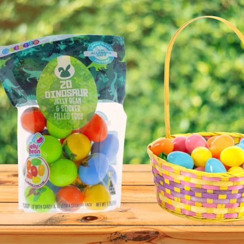Prefilled Plastic Dinosaur Easter Eggs with Jelly Beans and Stickers, Assorted Fruit Flavored Chewy Candies, Basket Stuffers and Birthday Party Favors thumbnail