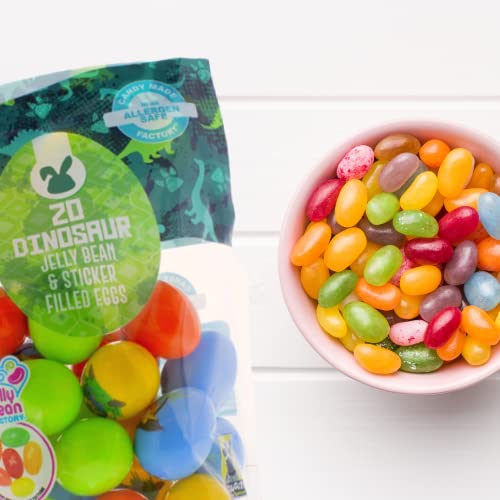 Prefilled Plastic Dinosaur Easter Eggs with Jelly Beans and Stickers, Assorted Fruit Flavored Chewy Candies, Basket Stuffers and Birthday Party Favors thumbnail