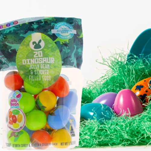 Prefilled Plastic Dinosaur Easter Eggs with Jelly Beans and Stickers, Assorted Fruit Flavored Chewy Candies, Basket Stuffers and Birthday Party Favors thumbnail
