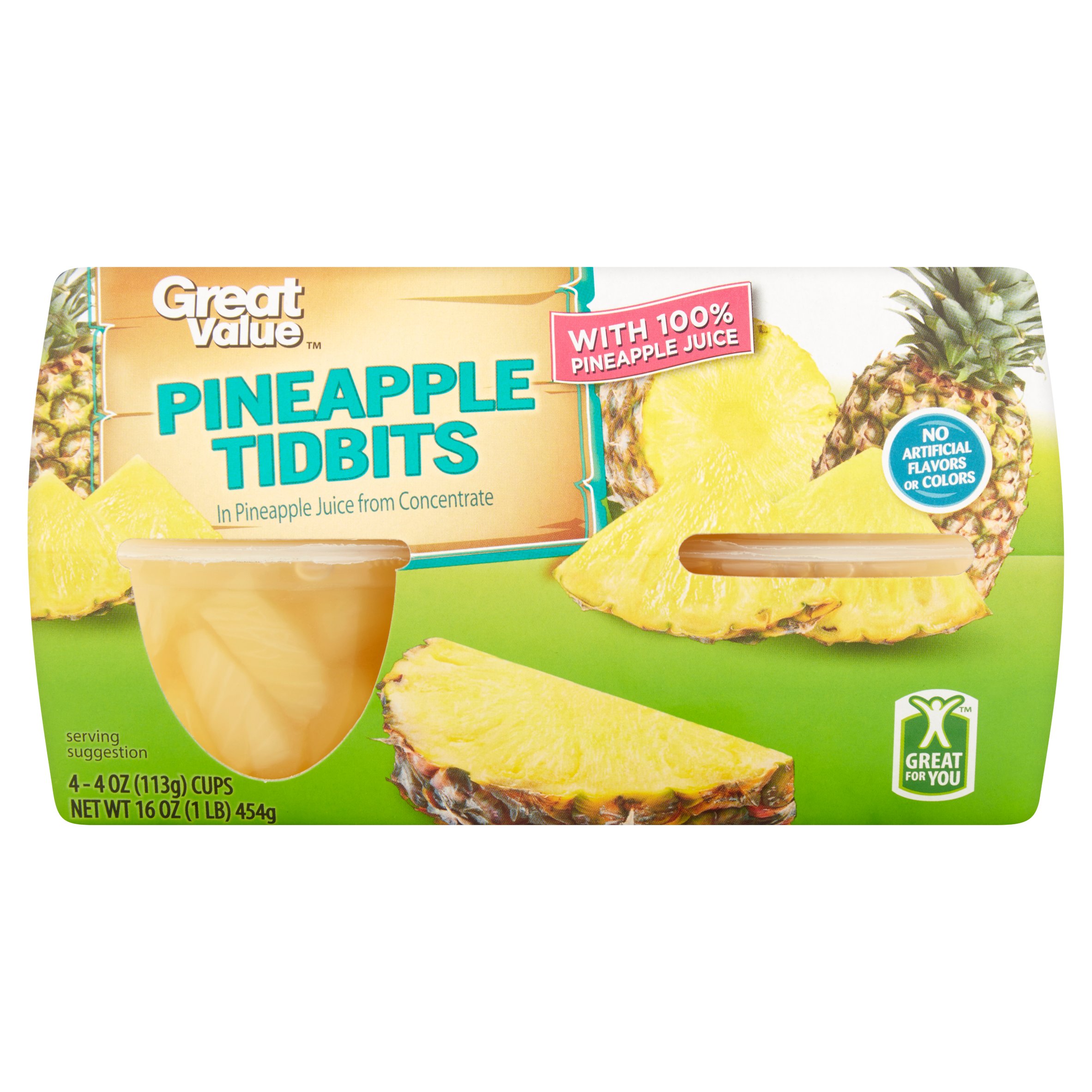 Great Value Pineapple Tidbits in 100% Pineapple Juice, 4 Oz, 4 Count Image