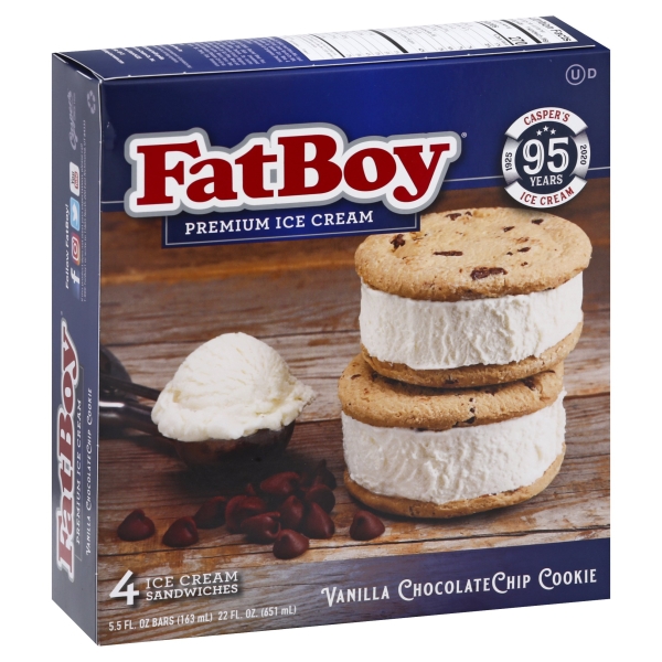 FatBoy Vanilla Chocolate Chip Cookie Ice Cream Sandwiches 4 Ea