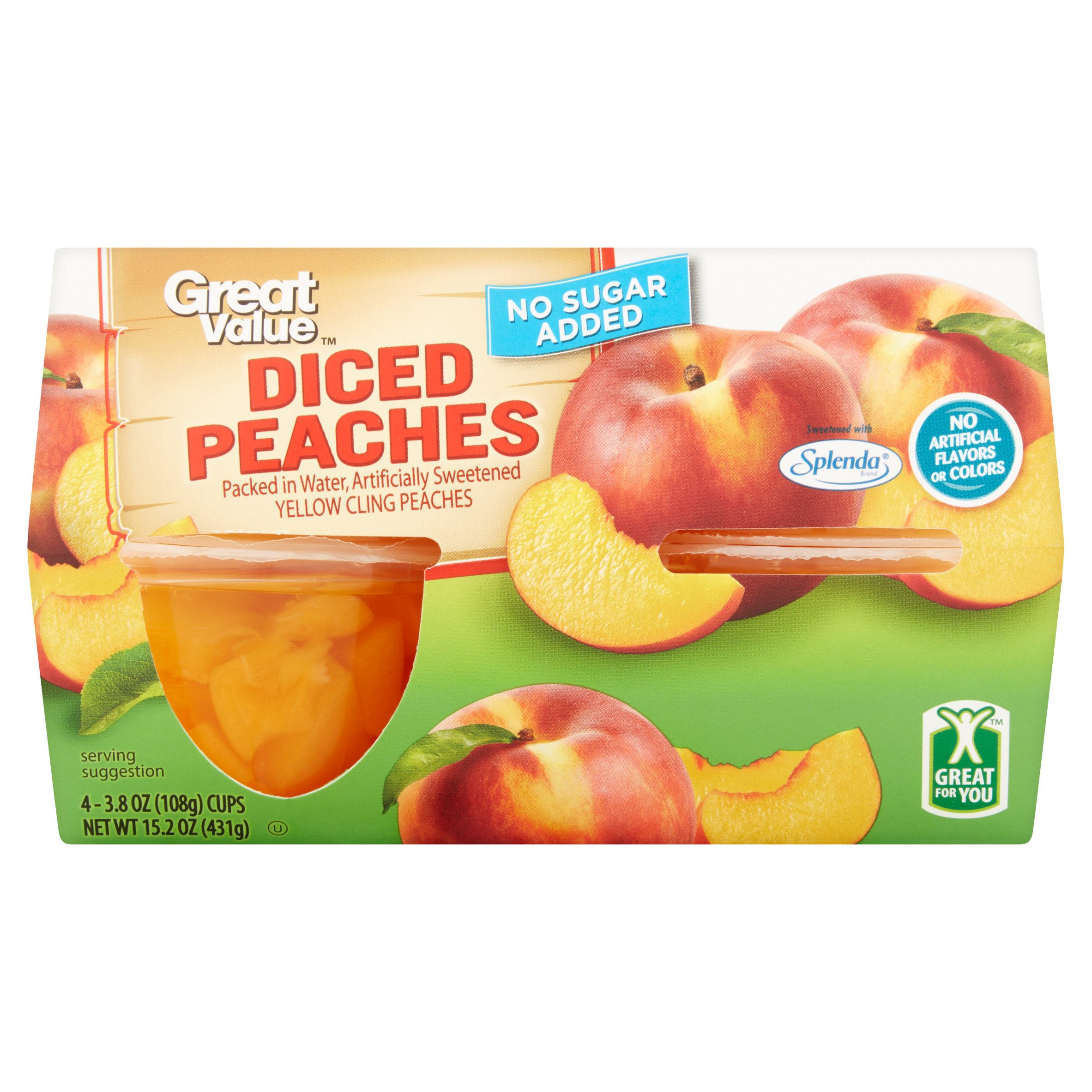 (4 Pack) Great Value Diced Peaches, No Sugar Added, 3.8 Oz, 4 Count