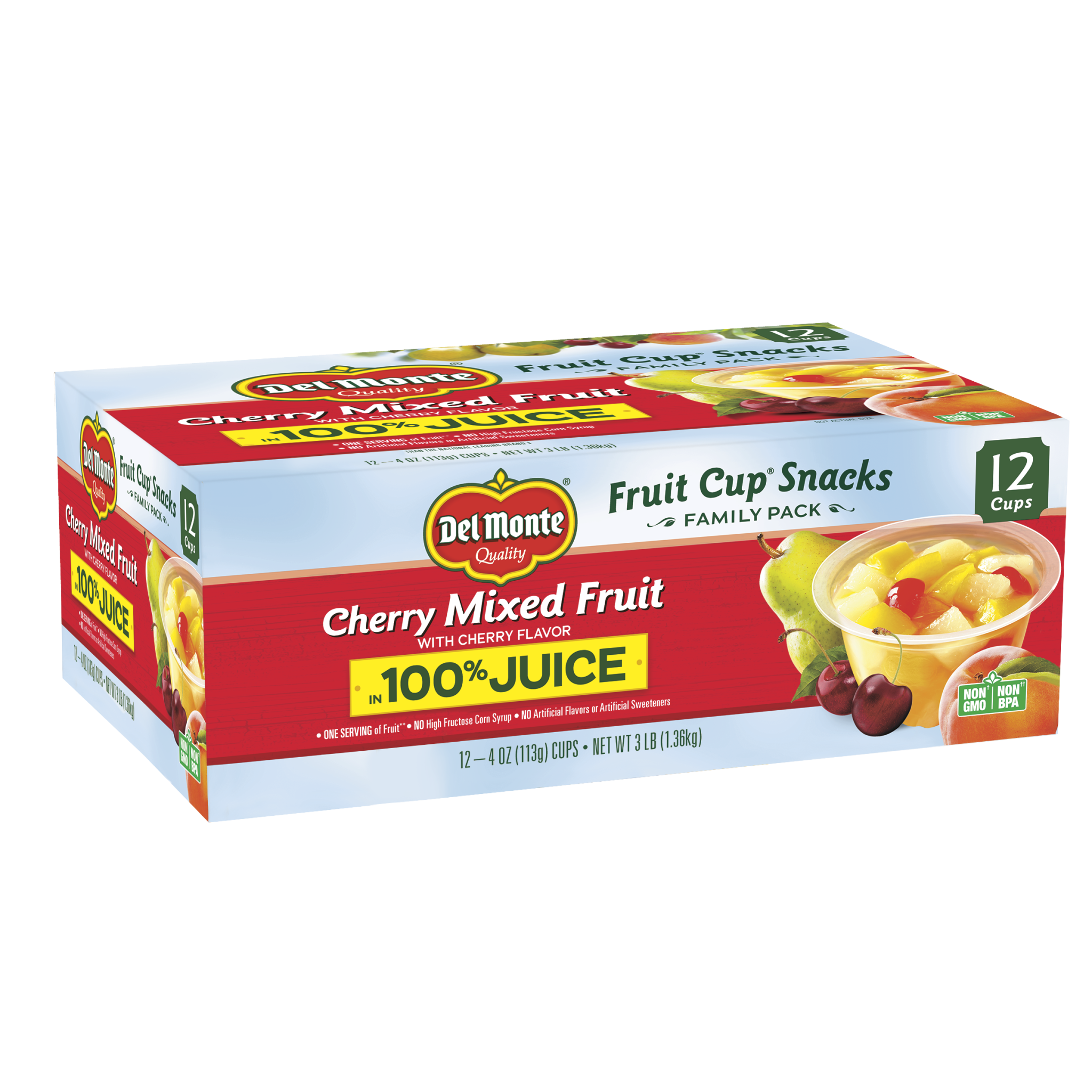 (12 Cups) Del Monte Cherry Mixed Fruit Cup Snacks in 100% Juice  4 Oz