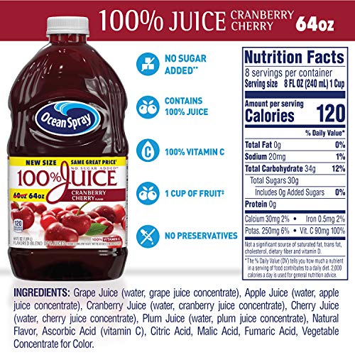 Ocean Spray, 100% Juice Cranberry Cherry No Sugar Added, 64 Oz (Case of 8) thumbnail