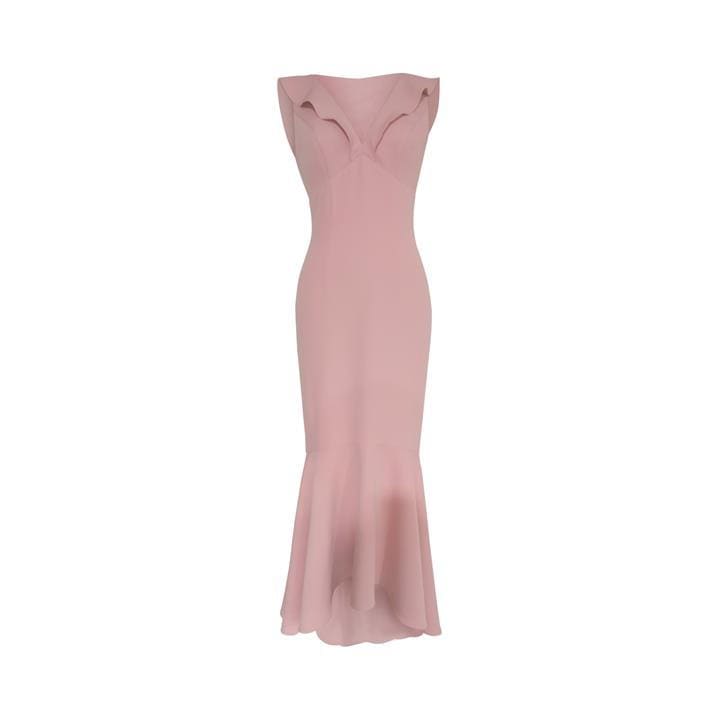 Chi Chi Frill Detail Bodycon Maxi Dip Hem Dress in Pink, Size 16