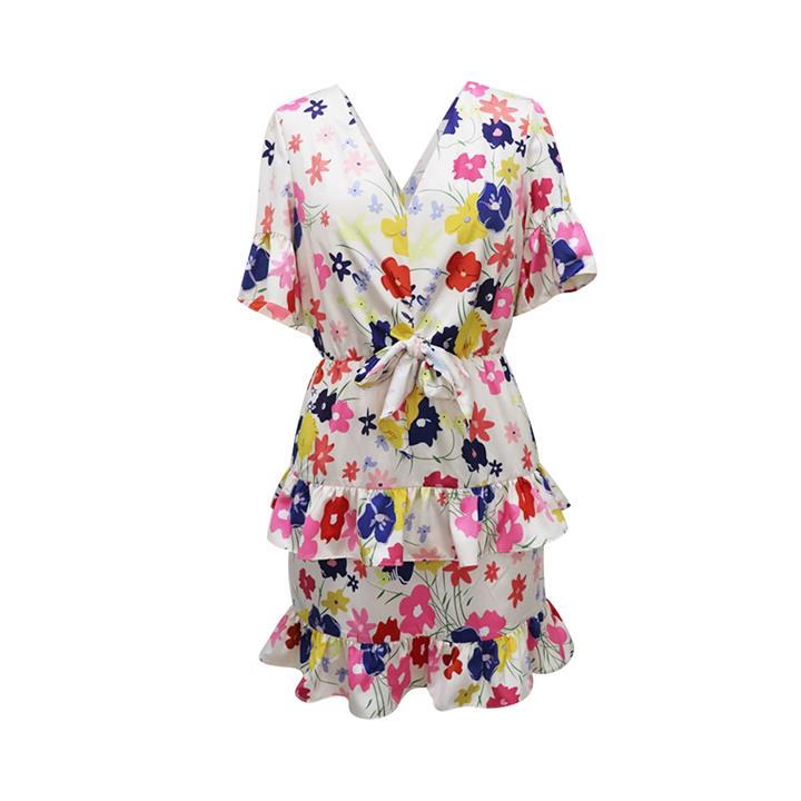 Chi Chi Floral Print Tie Front Mini Dress with Ruffles in Multi in White, Size 16