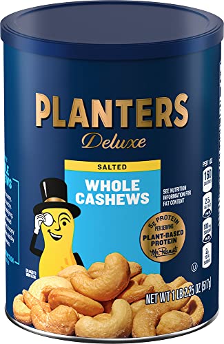 PLANTERS Deluxe Whole Cashews, 18.25 Oz. Resealable Jar - Wholesome Snack Roasted in Peanut Oil with Sea Salt - Nutrient-Dense Snack & Good Source of