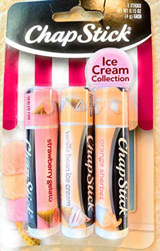 ChapStick Lip Care Set  Ice Cream Collection 3-Pack - Strawberry Gelato  Vanilla Bean Ice Cream  Orange Sherbet Lip Balm  0.15 Oz Ea