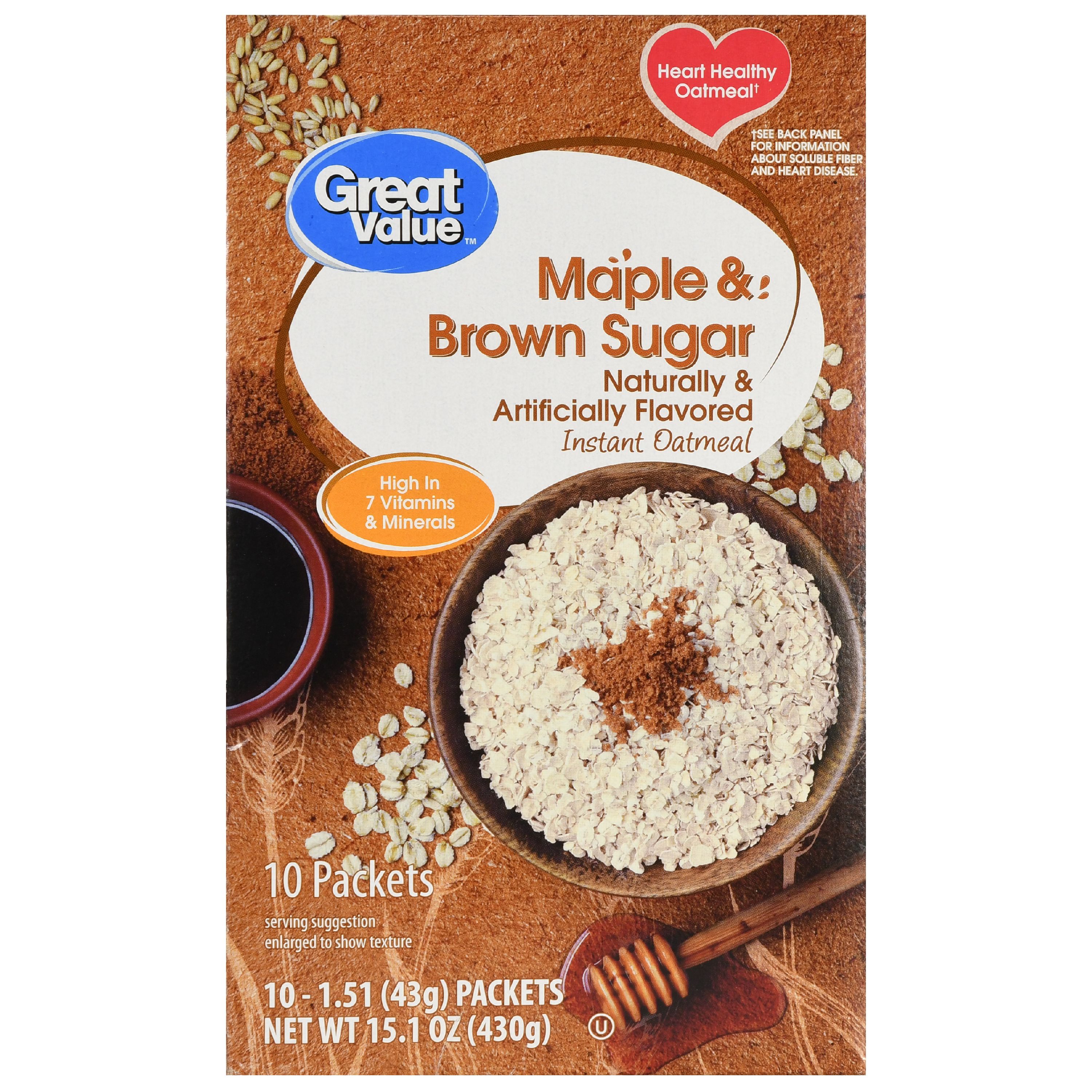 (4 Pack) Great Value Maple & Brown Sugar Instant Oatmeal, 1.51 Oz, 10 Count Image