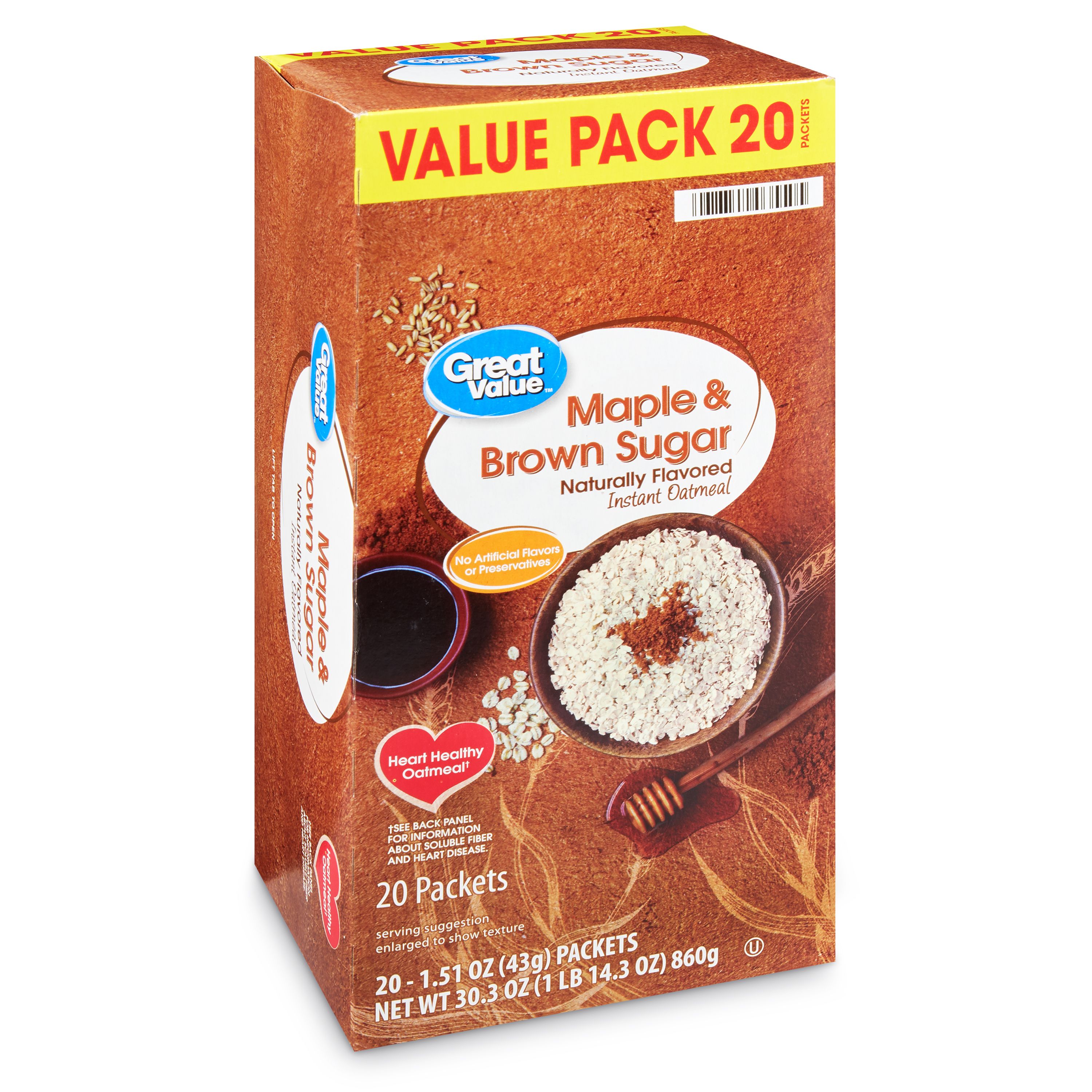 Great Value Instant Oatmeal, Maple & Brown Sugar Value Pack, 20 Packets Image