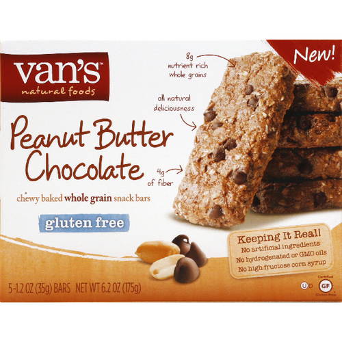 Van's Natural Foods Gluten Free Peanut Butter Chocolate Snack Bars, 1.2 Oz, 5 Count, (Pack Of 6)