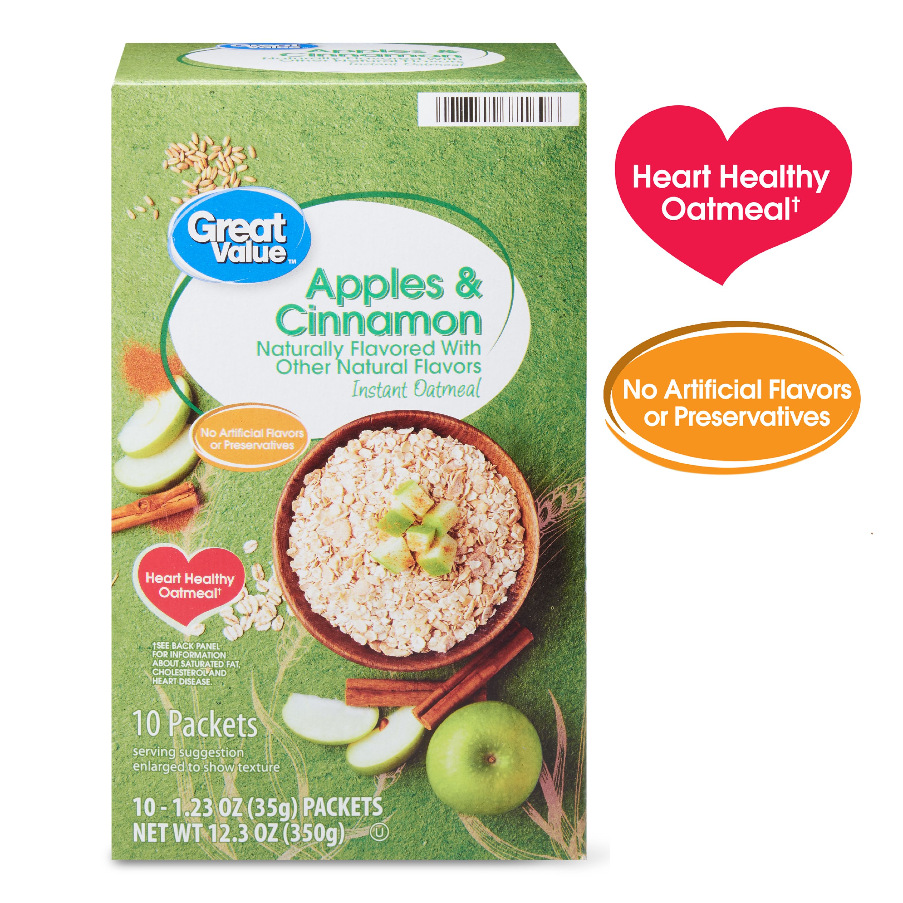 (4 Pack) Great Value Apples & Cinnamon Instant Oatmeal, 1.23 Oz, 10 Count Image