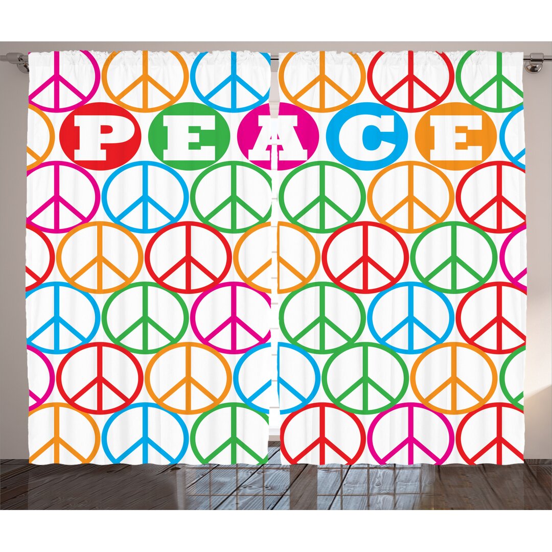 2-tlg. Vorhang-Set Colorful Internationally Recognized Peace Sign Letters Counter Culture Print, Verdunkelnd