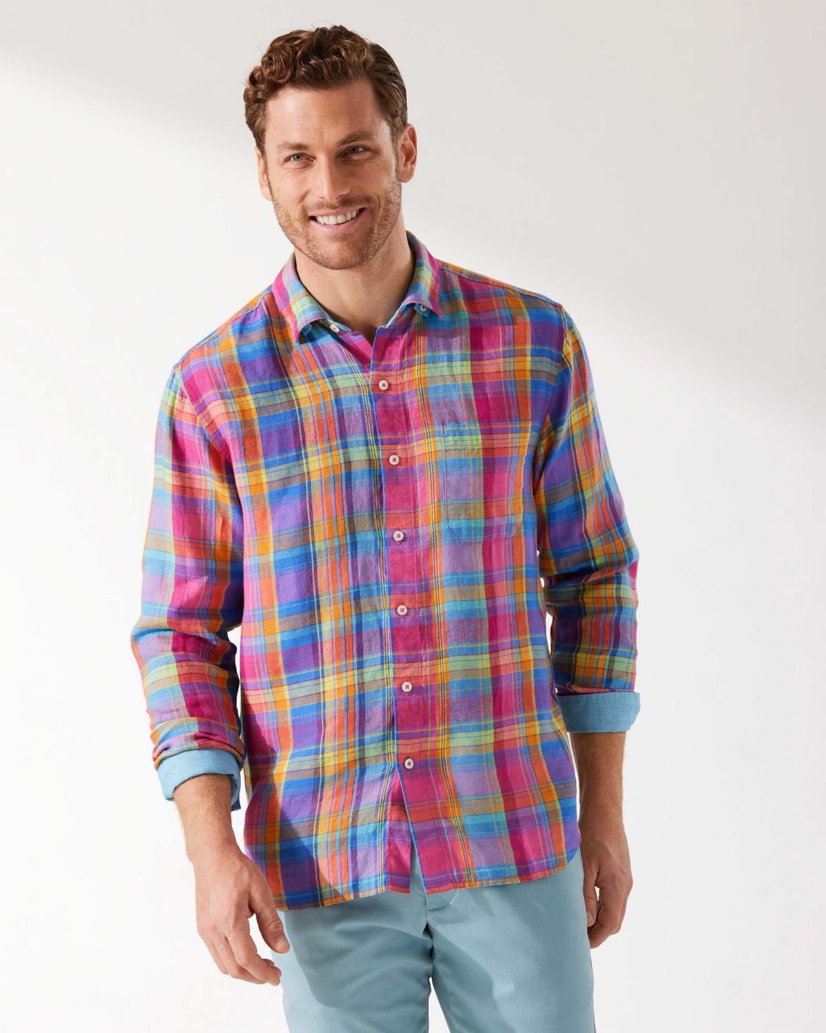 Tommy Bahama Men's Golden Hour Madras Linen Shirt in Java Red Small Lord & Taylor