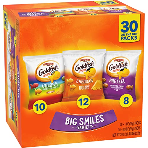 Pepperidge Farm Goldfish Crackers Big Smiles with Cheddar, Colors, and Pretzel Crackers, Snack Packs, 30 Count Variety Pack Box thumbnail