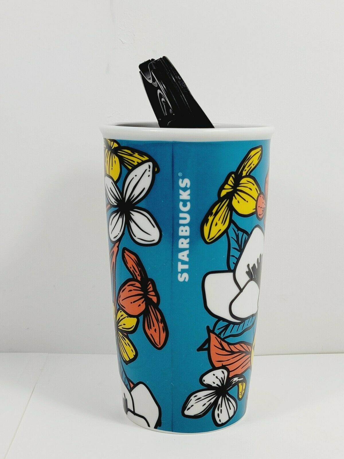Starbucks Blue Poppy Tumbler Flower Floral Ceramic Travel Tumbler 12 Oz