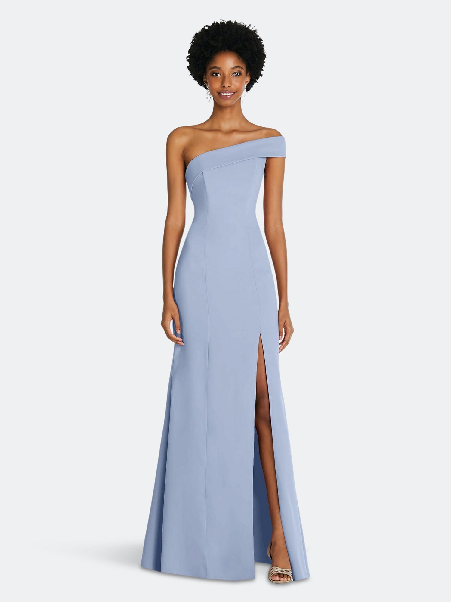 After Six Asymmetrical Off-the-Shoulder Cuff Trumpet Gown with Front Slit - 6858 - Blue - 2