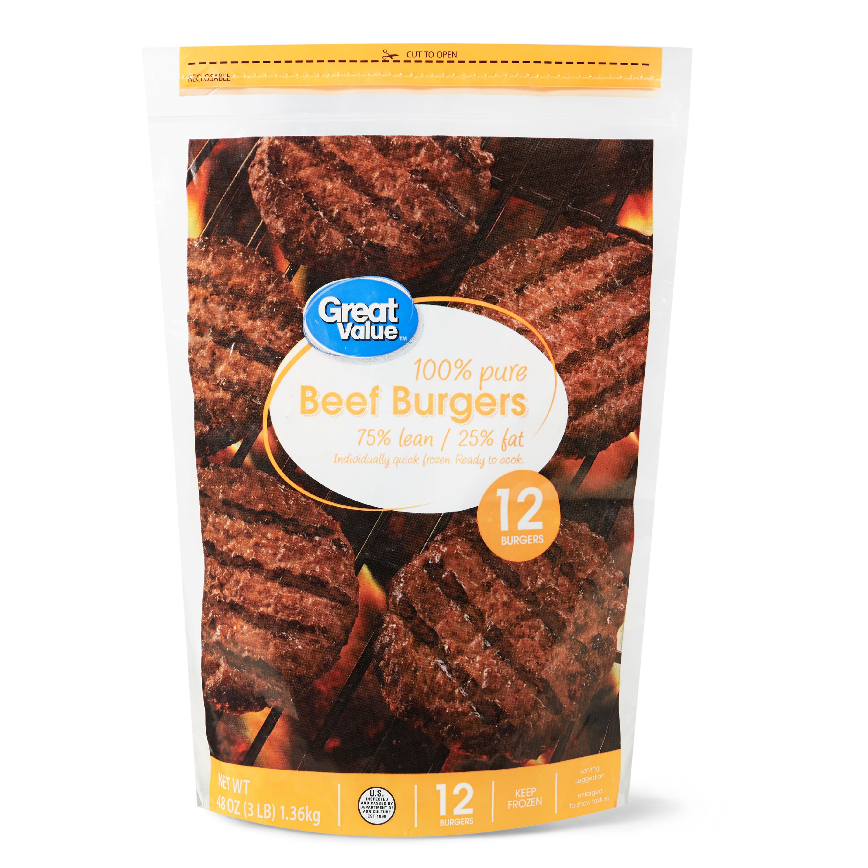 Great Value Beef Burgers, 75% Lean/25% Fat, 12 Ct, 3 Lb (Frozen)