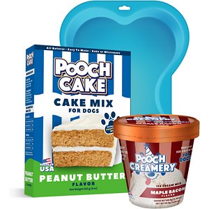 Pooch Cake Basic Starter Plus Peanut Butter Cake Mix with Cake Mold Kit & Pooch Creamery Maple Bacon Ice Cream, 9-oz Box & 5.25-oz Carton