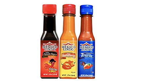 Mexico Lindo Tripack Best Flavors | Habanero Red Hot Sauce, 7 Mares Hot Sauce & Picante Negra Xxxtra Hot Sauce | 5 Fl Oz Bottles (Pack of 3)