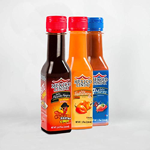 Mexico Lindo Tripack Best Flavors | Habanero Red Hot Sauce, 7 Mares Hot Sauce & Picante Negra Xxxtra Hot Sauce | 5 Fl Oz Bottles (Pack of 3) thumbnail