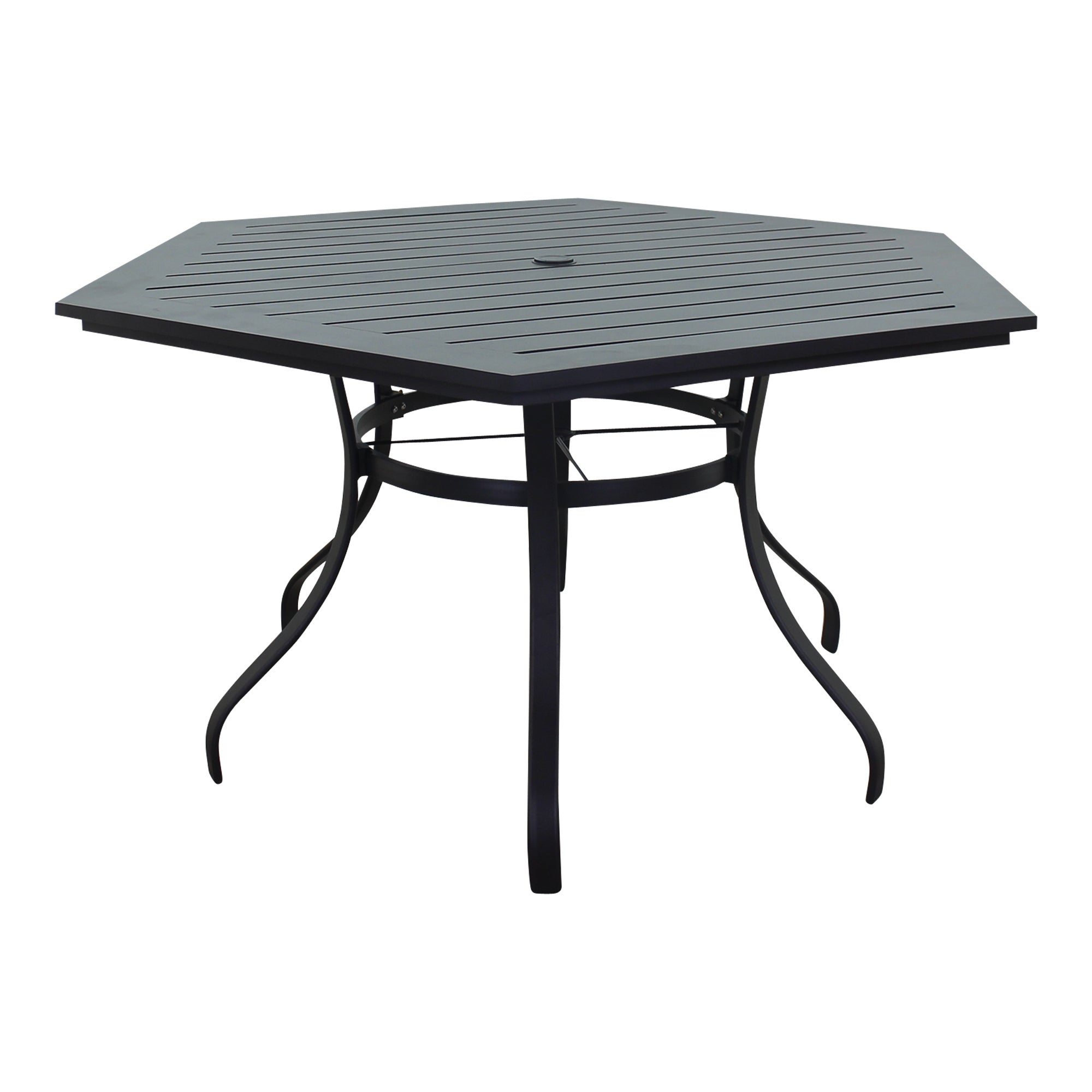 Santa Fe 60 in. Hexagon Aluminum Table with Slat Top and Umbrella Hole in Java