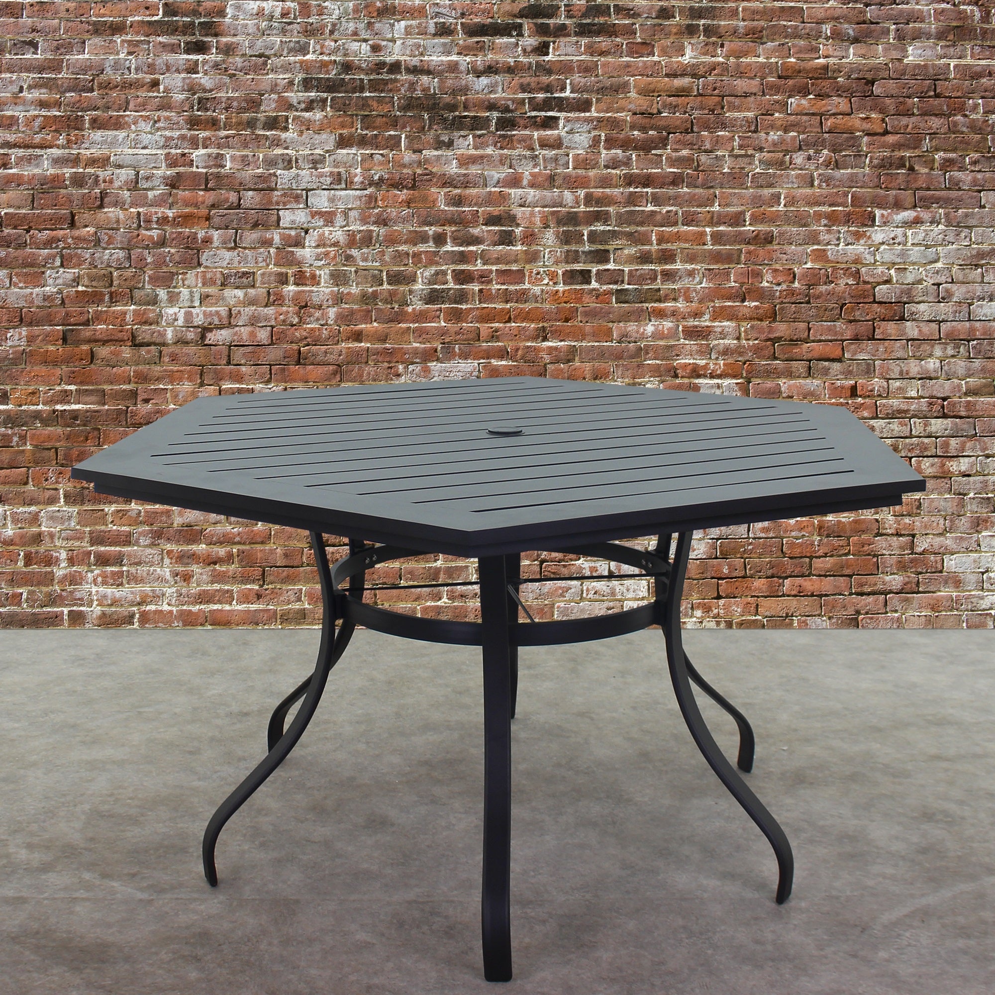 Santa Fe 60 in. Hexagon Aluminum Table with Slat Top and Umbrella Hole in Java thumbnail