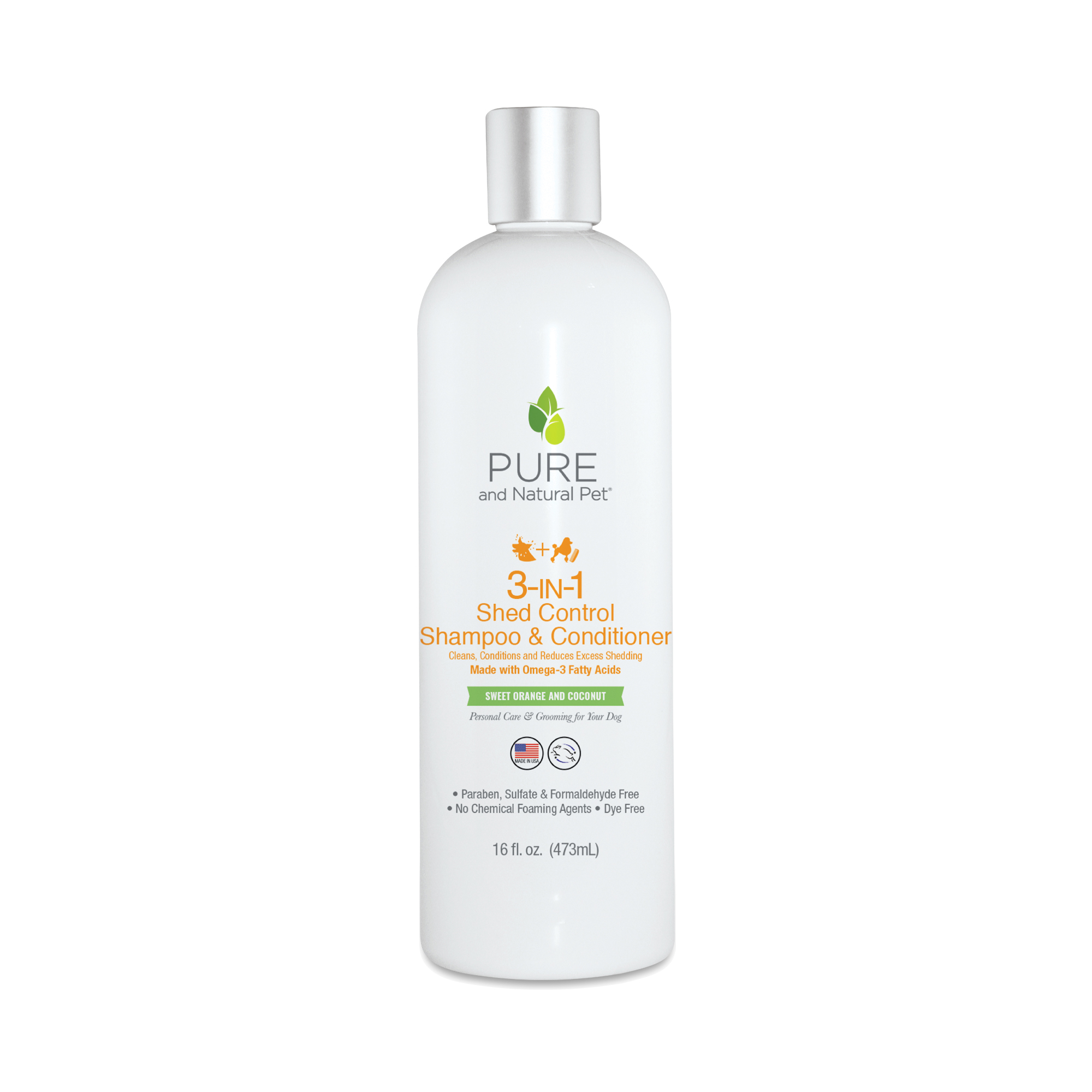 Pure and Natural Pet 3-in-1 Shed Control Dog Shampoo & Conditioner Sweet Orange & Coconut 16 Fl Oz