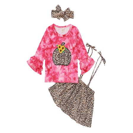 LA HIEBLA Baby Girls Halloween Tie-dye Embroidery Pumpkin Tops + Leopard Print Suspender Skirt + Headband Set