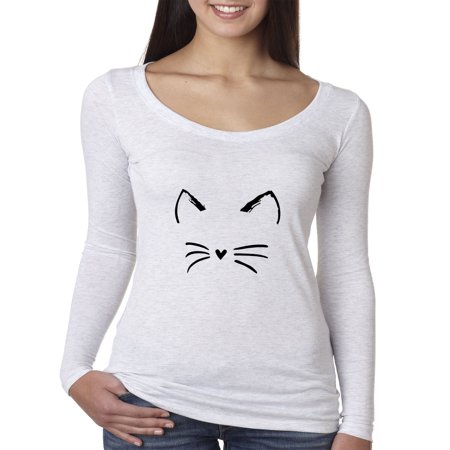 True Way 1128 - Women S Long Sleeve T-Shirt Cat Whiskers Silhouette Heart Nose Small White
