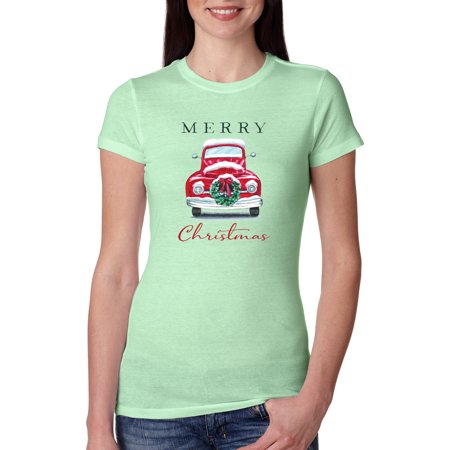 Merry Christmas Red Car with Xmas Garland Christmas Womens Slim Fit Junior Tee  Mint  X-Large