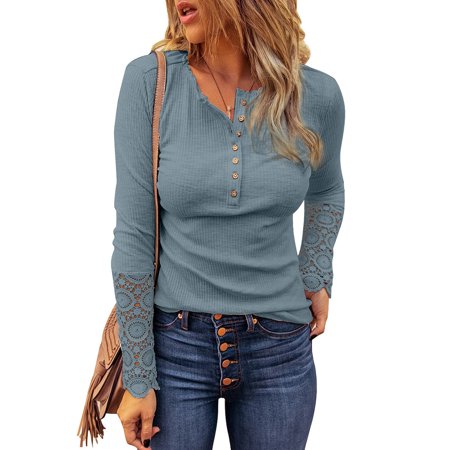 Women S New Round Neck Stitching Lace Sleeve Loose Solid Color Long-sleeved T-shirt OLRIK 9980#