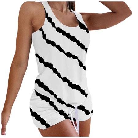Roliyen Women Printing Sleeveless Set Casual Vest Two-Piece Suit