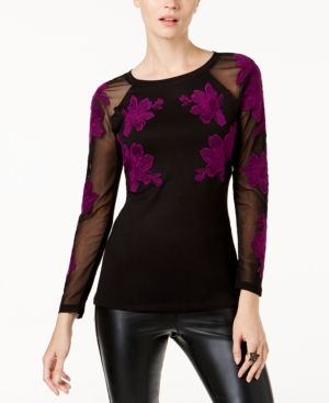 INC $69 Womens New 1455 Black Floral Sheer Embroidered Long Sleeve Top L B+B