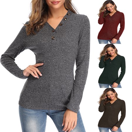 Women S V-neck Button Sweater Long Sleeve Slim Fit Solid Color Pullover OLRIK 5509