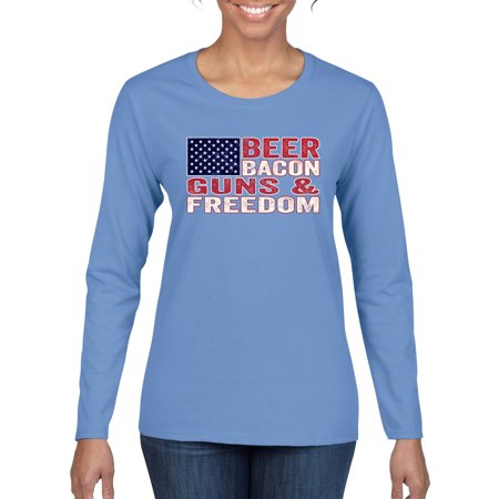 Wild Bobby Beer Bacon & Freedom Americana/American Pride Women Graphic Long Sleeve Tee  Light Blue  XX-Large