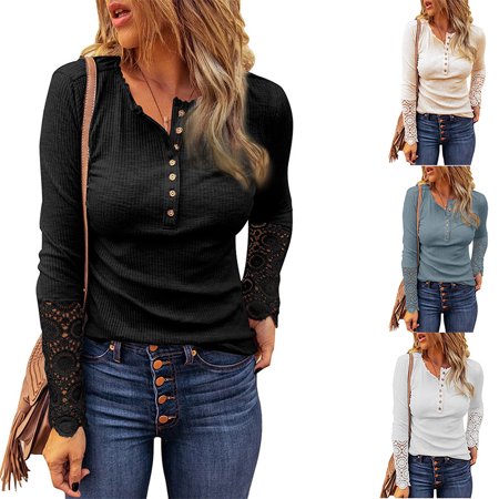 Women S New Round Neck Stitching Lace Sleeve Loose Solid Color Long-sleeved T-shirt OLRIK 9980#