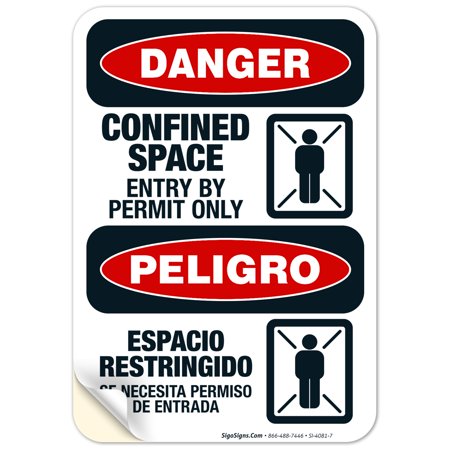 Confined Space Entry by Permit Only Bilingual Sign  OSHA Danger Sign  (SI-4081) 10x7 Vinyl Sticker