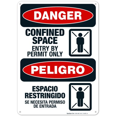 Confined Space Entry by Permit Only Bilingual Sign  OSHA Danger Sign  (SI-4081) 10x14 Aluminum