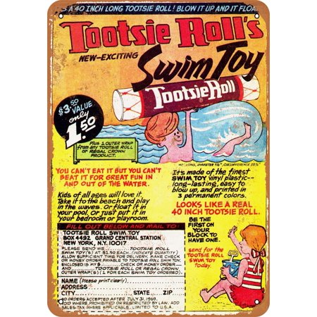 10 X 14 METAL SIGN - 1968 Tootsie Roll Swim Toy - Vintage Rusty Look