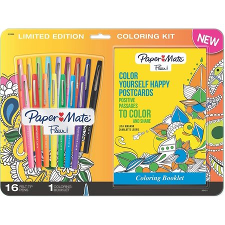 Paper Mate Flair Felt Tip Pens  Medium Point  Assorted Colors with Positive Postcards Adult Coloring Book  17 Count