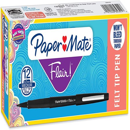 Paper Mate Flair Felt Tip Pens  Medium Point (0.7mm)  Black  12 Count