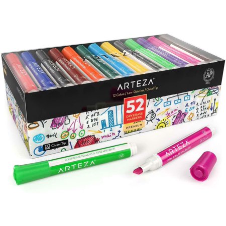 ARTEZA Dry Erase Markers  Bulk Pack of 52 (with Chisel Tip)  12 Assorted Colors