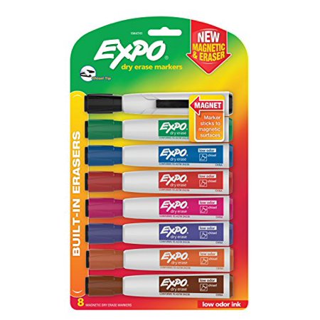 EXPO Magnetic Dry Erase Markers with Eraser  Chisel Tip  Assorted Ink Colors  Pack of 8