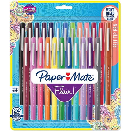 Paper Mate Flair Felt Tip Pens. Medium Point 0.7 Millimeter Marker Pens. Assorted Colors  24 Count
