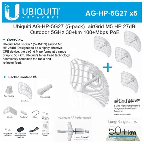 Ubiquiti (5-pack) AirGrid M5 HP 27dBi AG-HP-5G27 Outdoor 5GHz CPE 30+km PoE