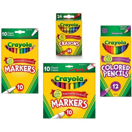 Crayola Crayons (24 Count)  Crayola Colored Pencils in Assorted Colors (12 Count)  Crayola (10ct) Classic Fine Line Markers  and Crayola (10ct) Classi