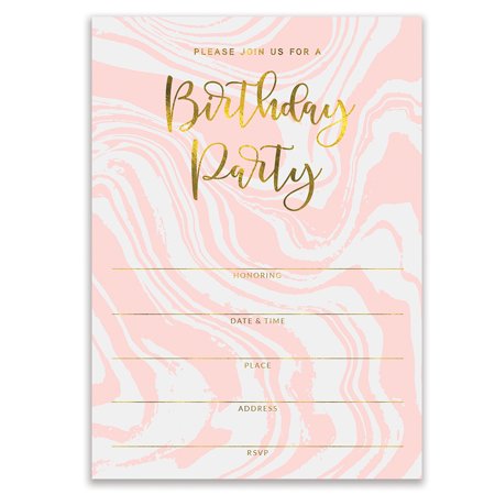 Pink Birthday Party Invitations Modern Swirling Colorful Fill in Invites with Envelopes ( Pack of 25 ) Large 5x7” Blank 21st Sweet 16 Adult Teen Chi