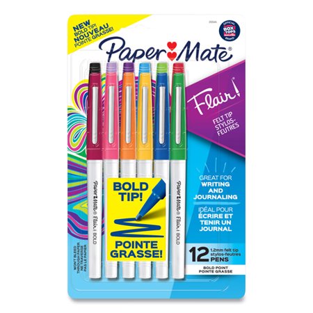 1PACK Paper Mate Flair Felt Tip Porous Point Pen  Stick  Bold 1.2 Mm  Assorted Ink Colors  White Pearl Barrel  12/Pack